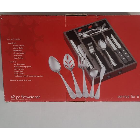 Stainless Steel Flatware 42p Service For 6 With Wooden Caddy New In Box - Picture 6 of 6